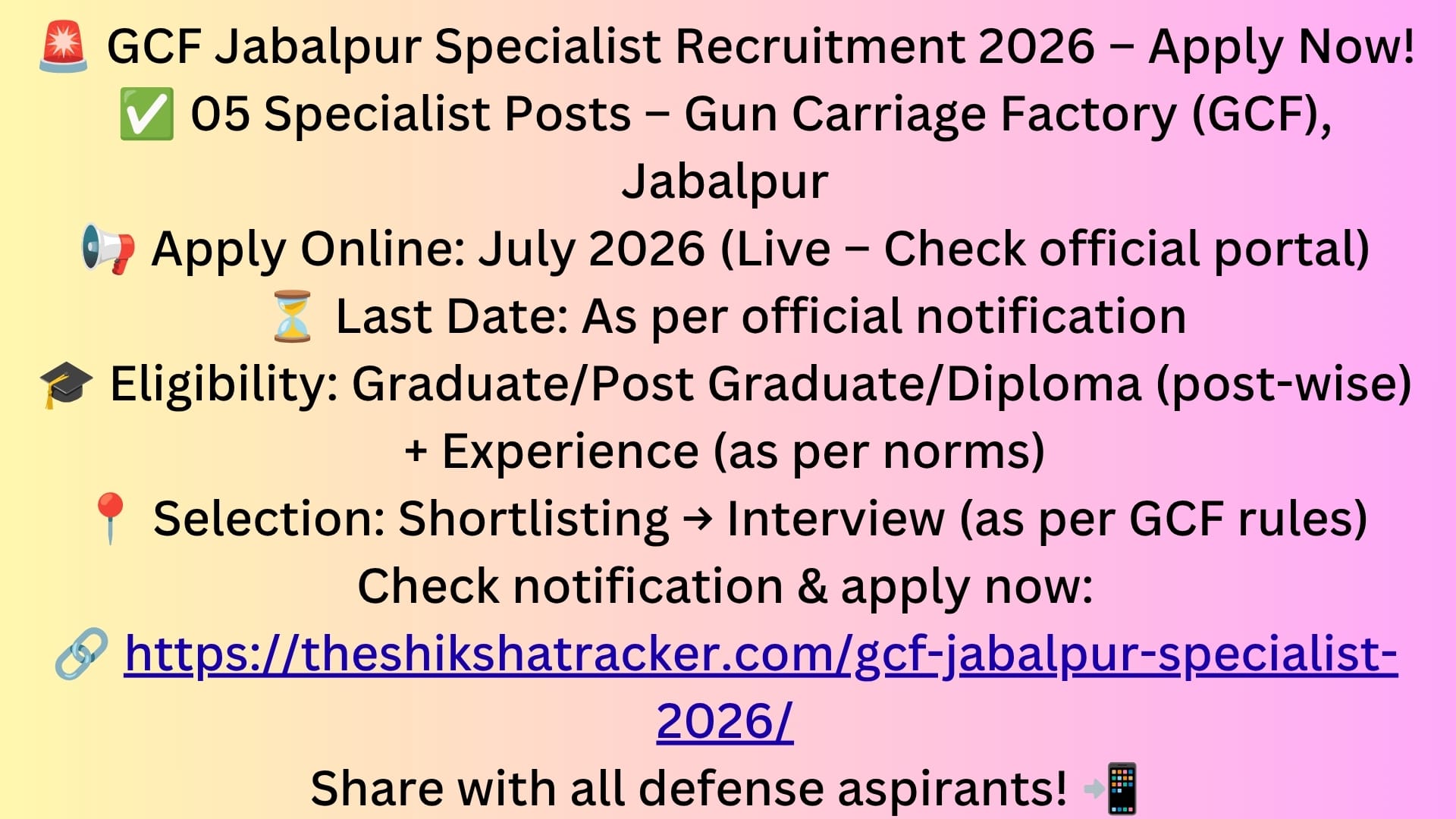 GCF Jabalpur Specialist Recruitment 2026