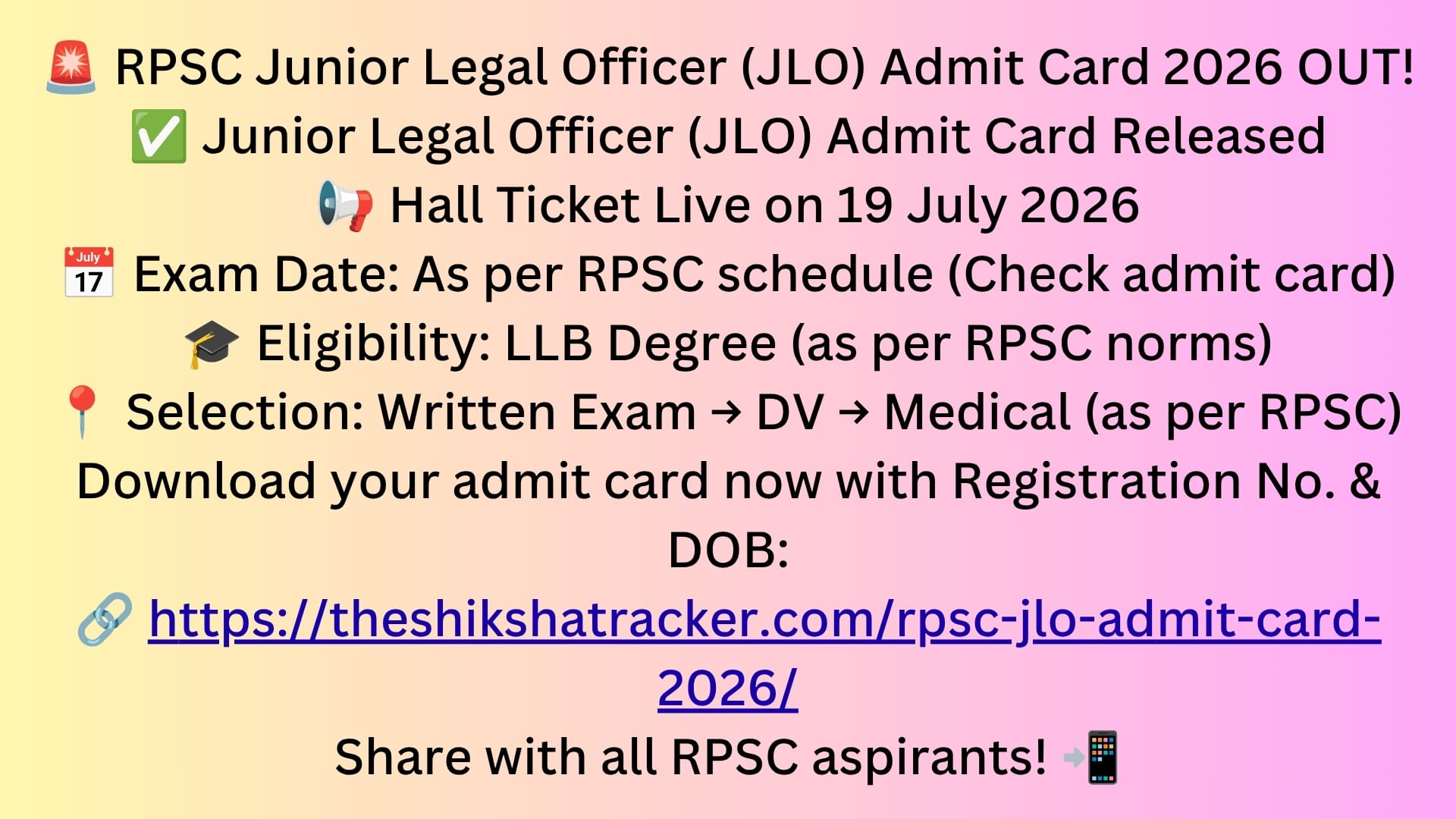 RPSC Junior Legal Officer JLO Admit Card 2026